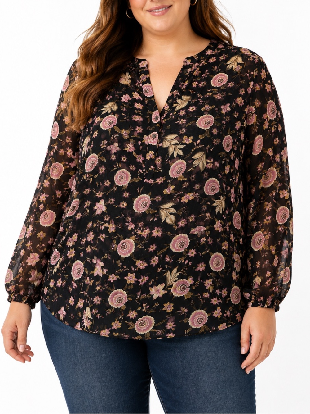LOFT Floral Sheer Blouse XL Black Pink Boho Peasant Top